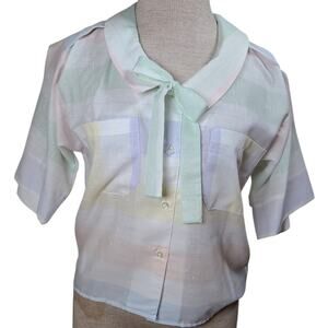 Carrie Beene Vtg 70s Button Up Short Sleeve Neck Bow Pastel Summer Size Small